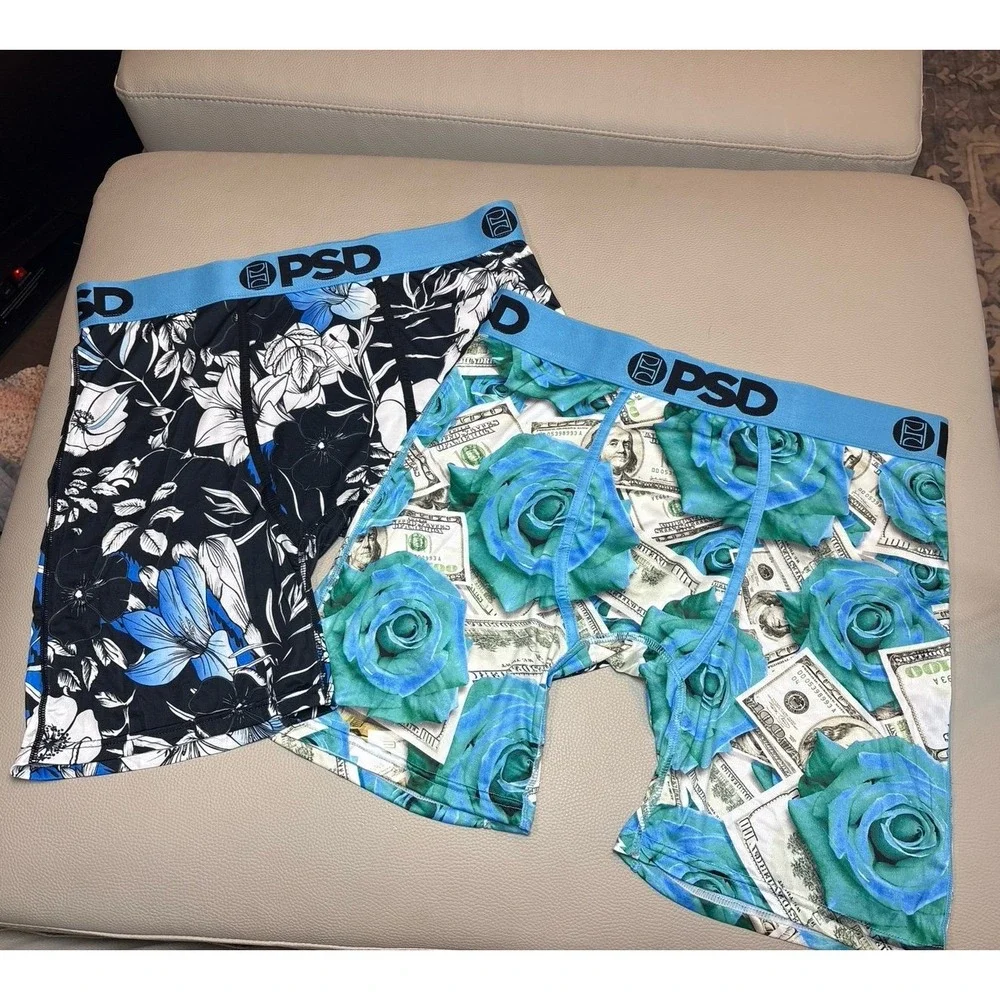 Mens PSD XL Boxer Briefs Underwear 2-Pack Blue/Black Roses Money Print NWOT